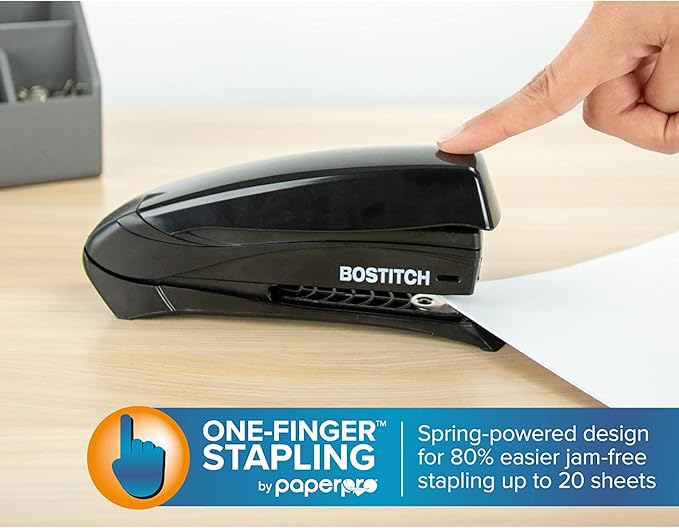 Bostitch Office Inspire 20 Sheet Stapler - One Finger, No Effort, Spring Powered Stapler - Black (1423)