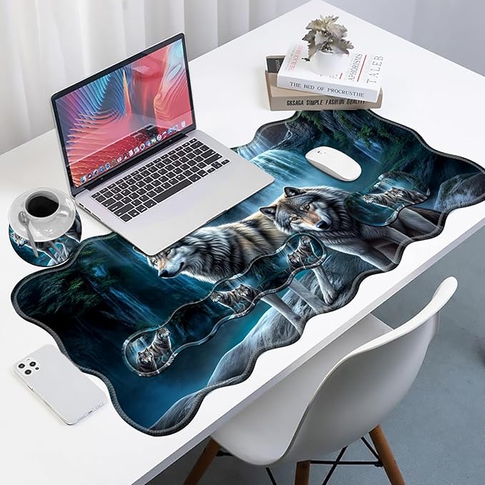 Gaming Mouse Pad Set with Wrist Support, 31.5"x11.8" Large Non-Slip Desk Mat, Ergonomic Keyboard Wrist Rest & Mouse Pad, Memory Foam Cushion Comfort & Precision for Gaming Office, Waterfall Wolf