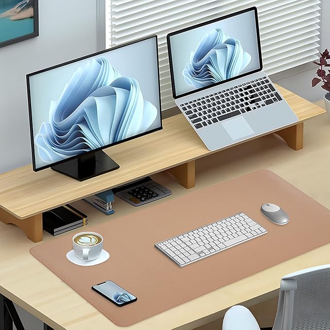 Dual-Sided Desk Pad, Large Mouse Pad, Natural Cork & PU Leather Non-Slip Waterproof Desk Mat for Office and Home (Khaki, 31.5" x 15.7")