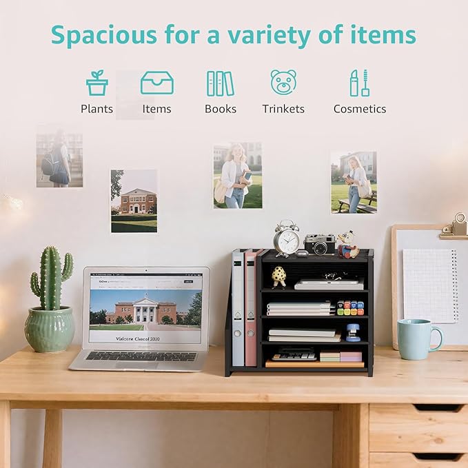 Wood Paper Tray Organizer for Desk - 5 Tier Desk Top File Storage Office Workspace Desktop Organization Stationary Small Wooden Shelf, Black