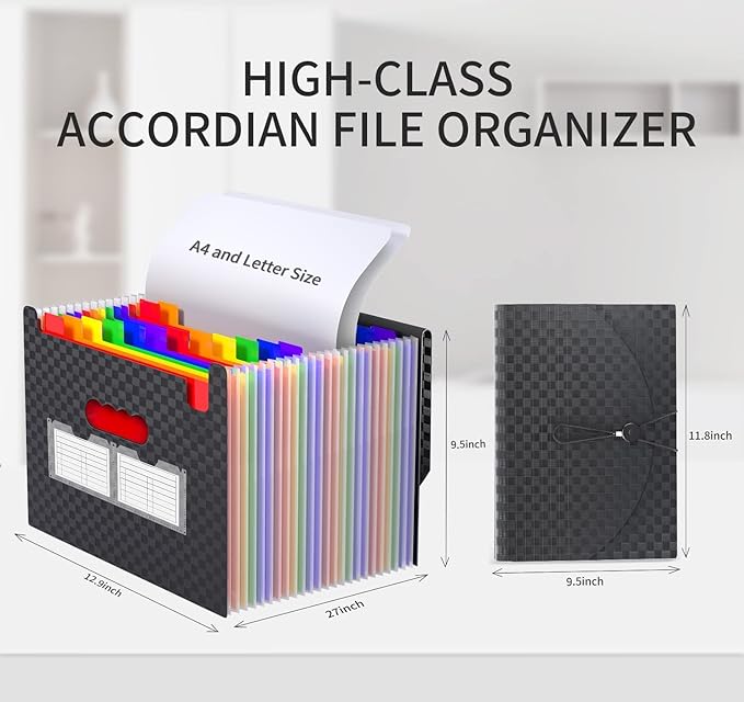 25 Pockets Accordion File Organizer Expanding File Folders,Expandable Document Organizer Plastic Accordian Filing Folder,A4/Letter Size Paper,Portable File Box,2 Tabs, Upgraded Grid Pattern