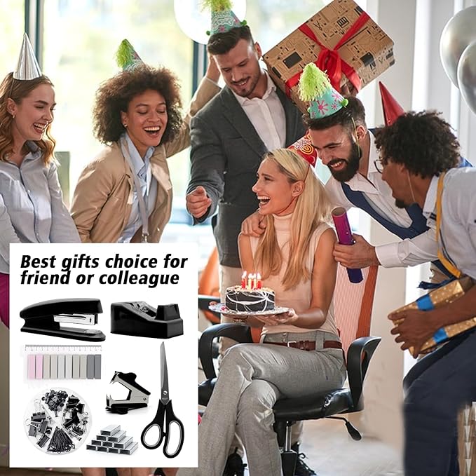 sportsvoutdoors Black Desk Accessories, Black Office Supplies, Stapler and Tape Dispenser Set, Black Desk Accessory Kit, Gift for Students, Women, Coworkers, Boss Lady, Office Clerks