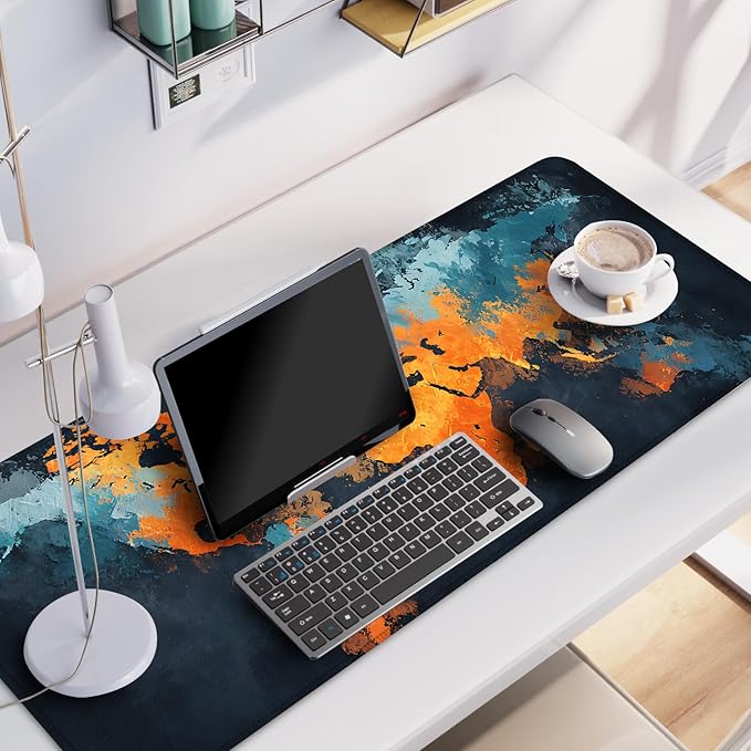 World Map Artistic Design Mouse Pad – 31.5" x 11.8" Extended Abstract Desk Mat with Bold Orange and Blue Color Palette – Large Non-Slip Surface for Office, Home, and Study