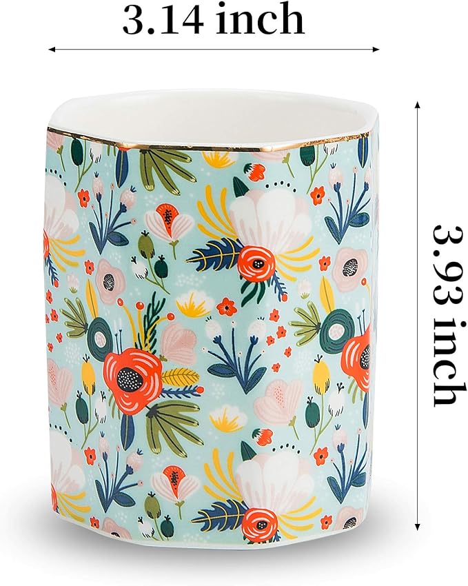 Jwest Pen Holder, Makeup Brush Holder Ceramic Shiny Gold Floral Pattern Pencil Cup for Girls Kids Women Durable Stand Desk Organizer Storage Gift for Office, Classroom, Home Mint Flowers