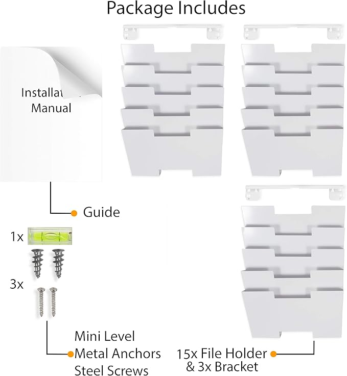 Wallniture Lisbon 15-Tier Wall Mounted File Holder and Desk Organizer, Metal White Office Organization and Storage Rack