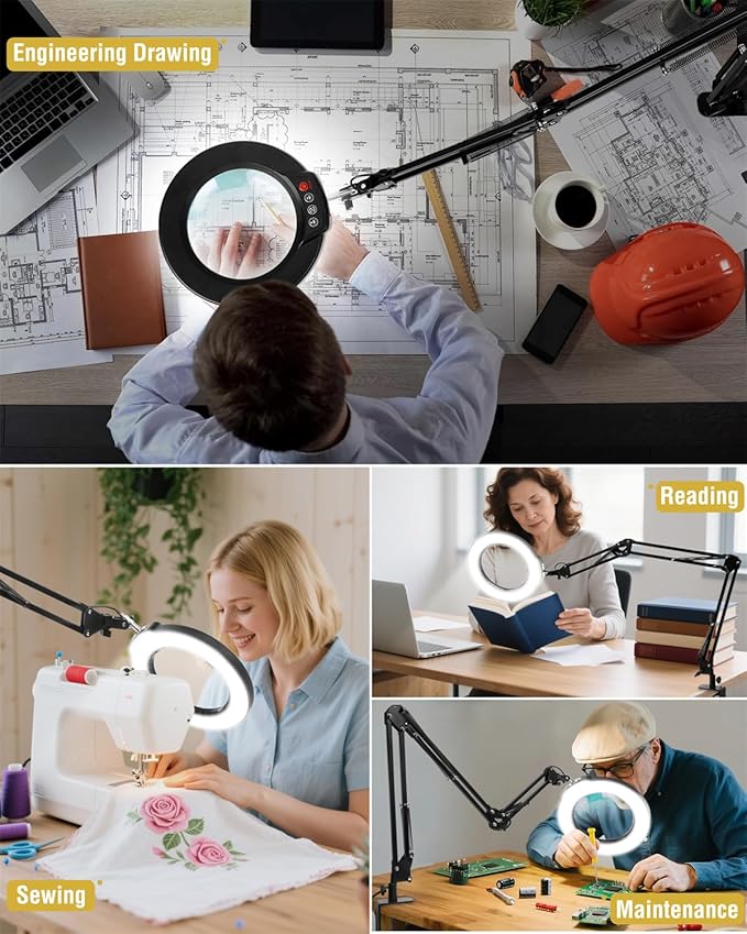 10X Magnifying Glass with Light and Clamp, Ultra Long 3 Section Swing Arm LED Desk Lamp, 5 Color Modes Stepless Dimmable, Hands Free Lighted Magnifier with Stand for Repair Reading Crafting Close Work