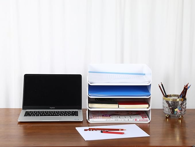 4 Tiers Stackable A4 Paper Trays, Office Desk File Holder, Tidy File Document Letter Book Paper Organizer (4 Tiers,White)