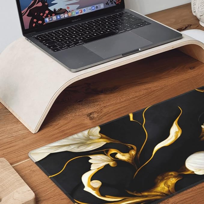 Desk Pad,Office Desk Mat 31.5"×11.8" Large Gaming Mouse Pad,Extended Computer Mouse Pad,Waterproof Thick Big Mouse Pads with Non-Slip Rubber Base Office Home Black Gold Marble Flower