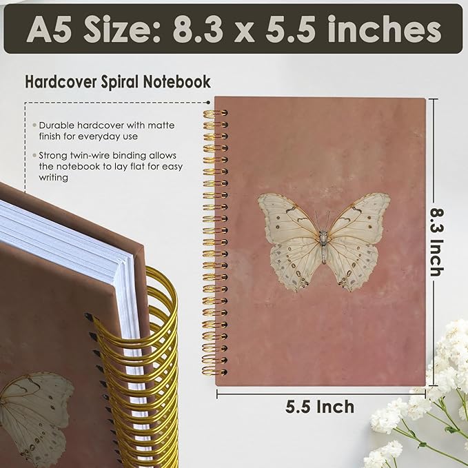 Wheatwin Butterfly Pink Notebook Journal, Vintage Pink Cute Butterfly Journal for Women, Preppy Gifts for Teen Girls, 5.5x8.3 Inch