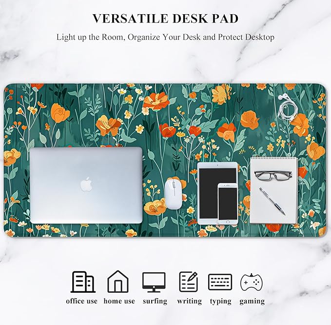 Auhoahsil Desk Mat, Ultra Large Mouse Pad, XXL Gaming Mousepad, Pretty Desk Pad, Big Extended Full Size Desktop Desk Matt for Keyboard, Laptop & Computer, 35.5 x 15.7 in, Green Flowers
