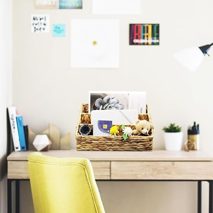 Desk Organizer – Countertop Mail Organizer, Magazine Holder, Boho Decor Water Hyacinth Desk Mail Holder for Home Office, Farmhouse, 12.6" L x 6.7" W x 6.3" H