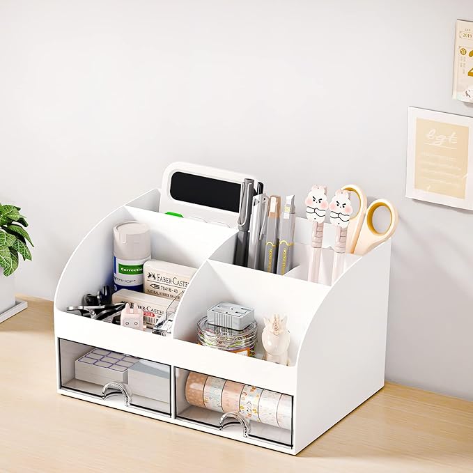 Desk Organizer with 6 Compartments and 2 Drawers, Plastic Makeup Organizer, Pen Holder for Desktop Storage, Desk Organization for School, Home, Office Supplies (White)