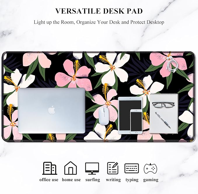Auhoahsil Desk Mouse Pad, Large Gaming Mousepad, XXL Desk Pad, Extended Long Superior Micro-Weave Cloth Non-slip Rubber Big Computer Mouse Mat for Gamer, Office & Home, 35" x 15", Pink Tropical Flower