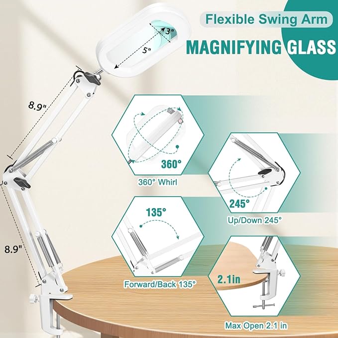 10X Rectangle Magnifying Glass with Light, 5 Color Modes Stepless Dimmable Magnifier with Stand, LED Lighted Clamp Desk Lamp with Swing Arm, Hands Free for Reading Painting Close Work - White
