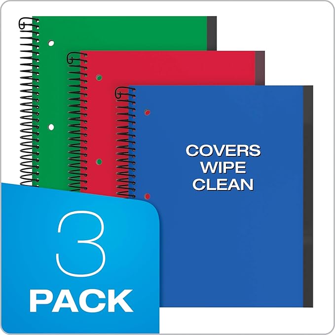 Oxford Spiral Notebook 3 Pack, 1 Subject, College Rule Journal, Durable Plastic Covers, 1 Pocket, 8.5 x 11 inch, 100 Sheets, Blue, Red, Green, 3 Pack (89801)
