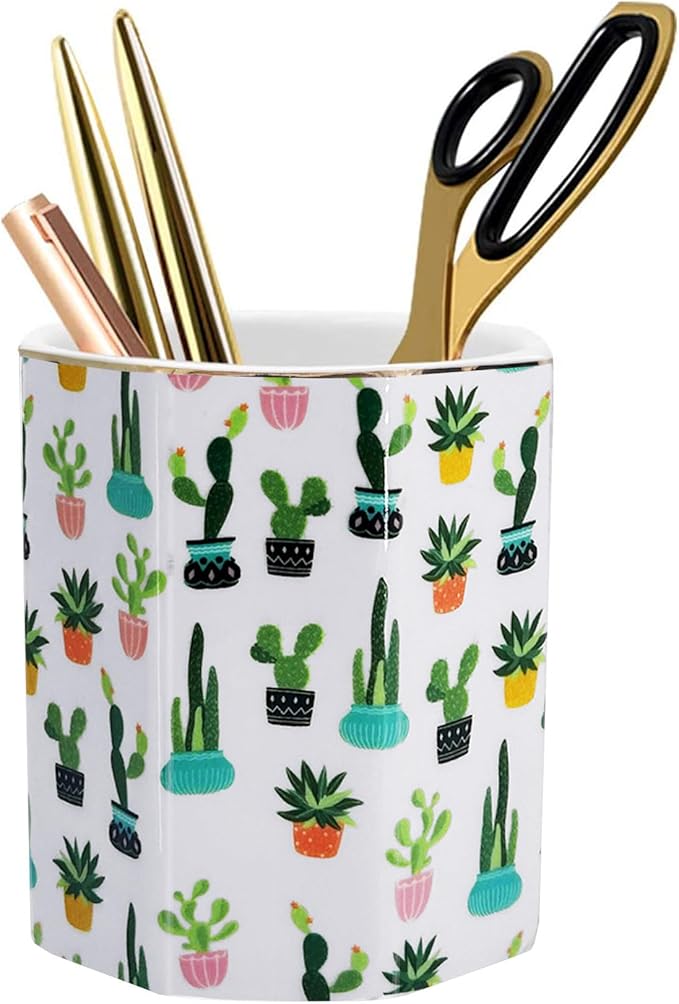 Pen Holder, Makeup Brush Holder Ceramic Shiny Gold Tropical Cactus Green Succulents Pattern Pencil Cup for Girls Kids Women Durable Stand Desk Organizer Storage Gift for Office, Classroom, Home