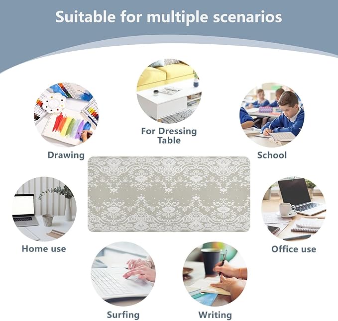 Mouse Pad Desk Mat Leather Desk Pad Large Gaming Desk Cover Protector Mat for Keyboard Computer Laptop Office Waterproof 47.2 x 23.6 Inch Lace Flowers Beige