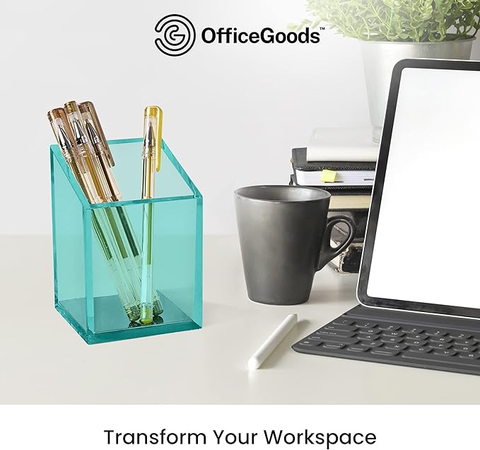 OfficeGoods Acrylic Pen & Pencil Holder - Modern Trapezoid Design - Beautiful Desk Organizer for Home or Office - Contrasting Metal Base - 3" Square w/ 3.5" Front & 4.5" Back - Green