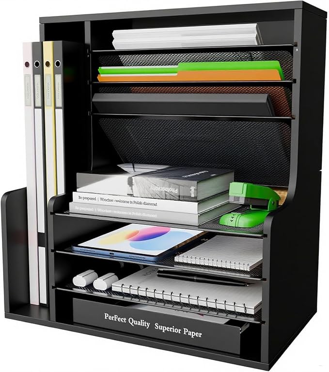 Simple Trending 7 Tier Desk File Organizer, Wooden Letter Tray Paper Organizer with Adjustable File Holder, Mesh Desktop Organizer and Storage for Office Supplies, Black