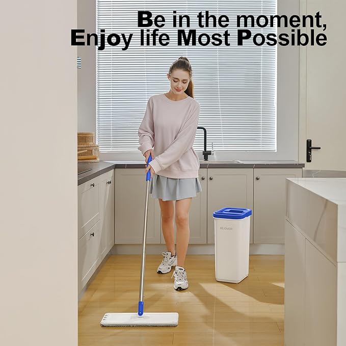 BEJOMOP Mop and Bucket Set with Wringer, Squeeze Wall Mop Cleaner with Long Handle, Flat Mop and Bucket System, Dry & Wet Dust Mops for Household Floor Cleaning with 3 Microfiber Mops, Slate Blue