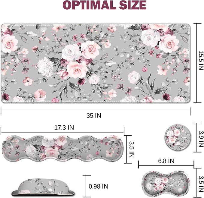 Upgraded Extended Gaming Mouse Pad, Keyboard Wrist Rest Pad, Wrist Support Mousepad Set, Artso Large Stable Rubber Base Stitched Edges, Multifunctional Desk Pad (35 x15.5 in) for Work, Game, Grey Rose