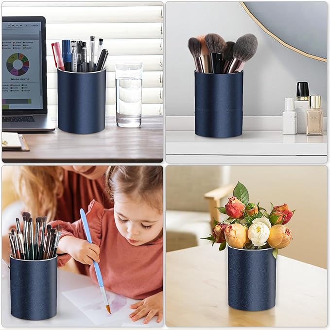 Metal Pen Holder for Desk Round Aluminum Desktop Organizer and Makeup Brush Holder Storage Box for Office, School, Home, and Kids, Non-slip silicone bottom3.9×3.14inch (Blue)