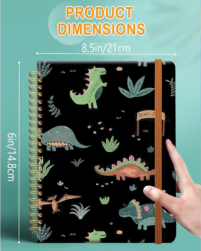 Ruled Spiral Writing Notebook,A5 Hardcover Lined College Journal for Women,Strong Twin-Wire Binding with Premium Paper,8.4" X 6",Perfect for School,Office,Home(Cute Dinosaurs)