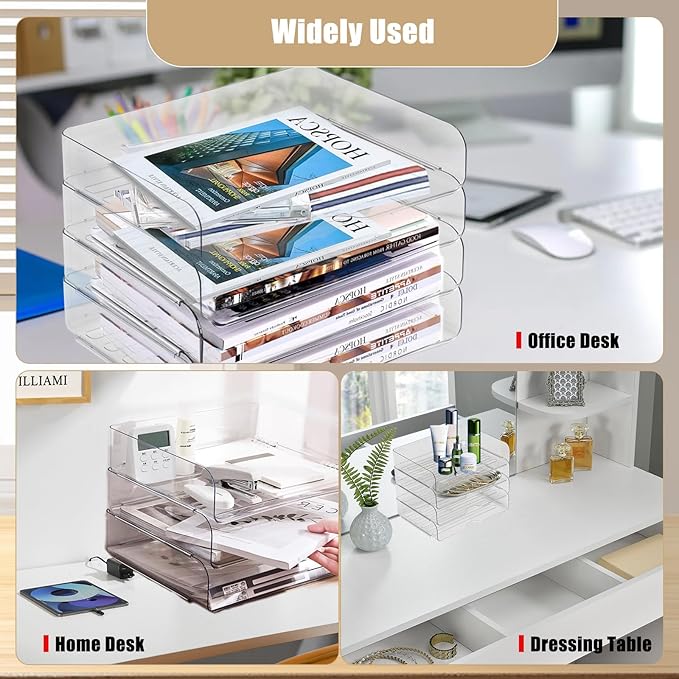 Clear Stackable Paper Trays 4 Pack, PET Letter Tray Desk Organizer, Desktop Organizers and Storage for Books, Magazines, Folders, A4 Size File Paper, Notes, Pens