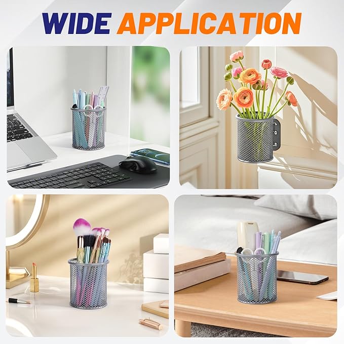 Segarty Pen Cup Holder for Desk, 12 Pack Round Silver Pen Holder, Wire Mesh Pencil Cups Containers Marker Organizer Set for Office Supplies, School, Desktop Accessories, Makeup Brush