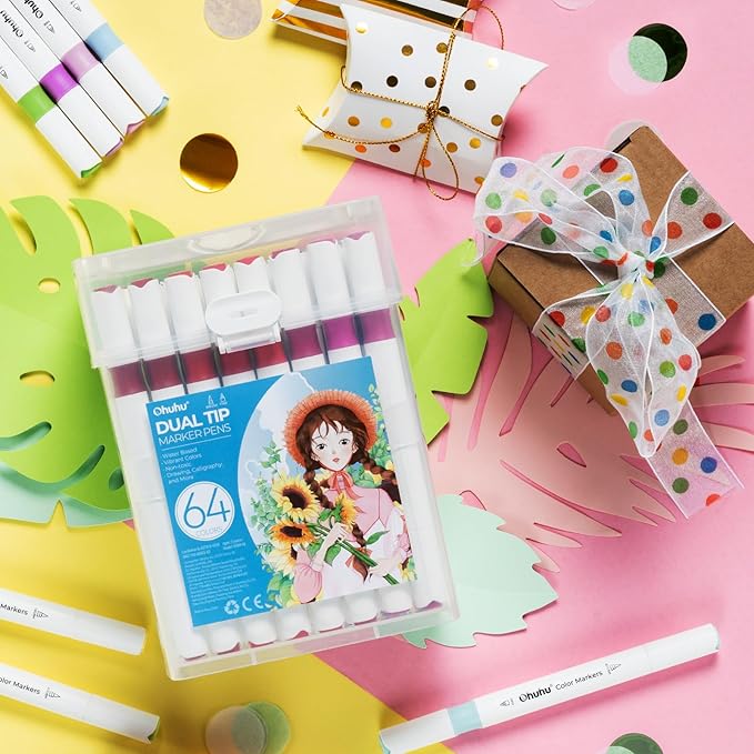 Ohuhu Water-based Markers for Adult Coloring Books No Bleeding 64 Colors Dual Tips Coloring Markers for Kids Adults Beginners Drawing Pens for Journaling Lettering (Brush & Fine)