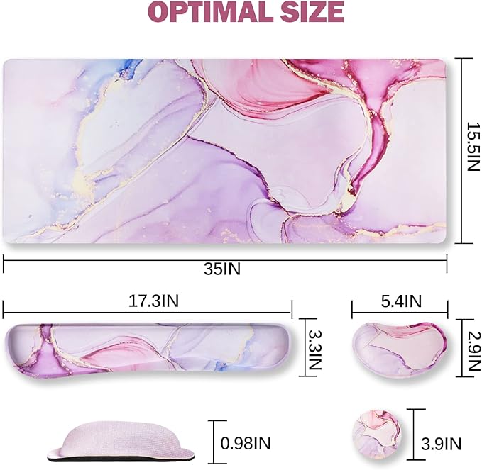 ARTSO Large Gaming Mouse Pad, Keyboard Wrist Rest Pad & Wrist Support Mousepad Set, Stitched Edge, Extended, Non-Slip Base, Memory Foam,Multifunctional Desk Mat for Office & Home, Purple Pink Marble