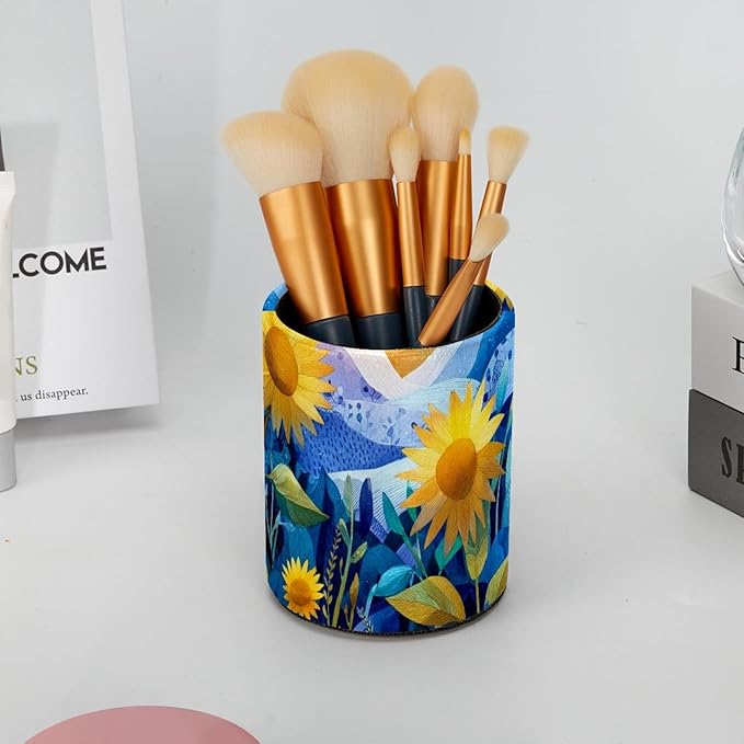 1 Pack Watercolor Art Sunflower Circular Pen & Pencil Holder - Durable PU Leather Pencil Cup, Desk Accessories Organizer for Office Desk School Home