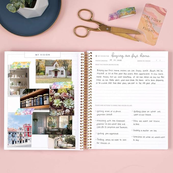 Erin Condren 7" x 9" Prompted Vision Journal - Turquoise Changeable Cover w/Platinum Coil. Vision Spreads, Lined, Dot grid, Sketchbook pages w/ 160 Pages, 80 Sheets of 80# Mohawk Paper