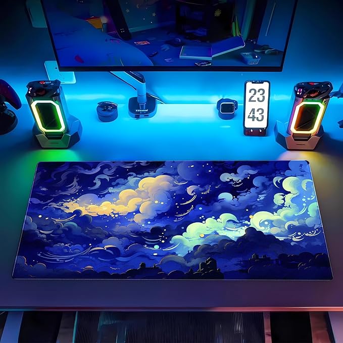 XL Desk Pad Mat (31.5"x15.7") - Kawaii Dark Blue Clouds Sky Aesthetic, Non-Slip Gaming Mouse Pad with Stitched Edges, Cute Office Decor