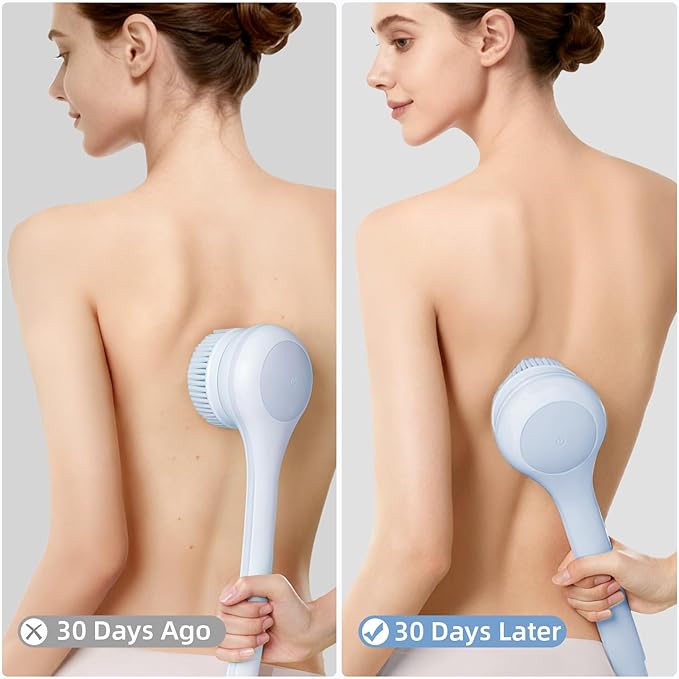 Oh,XIYU. Electric Body Brush Back Scrubber for Shower, Waterproof Long Dual Handle Power Body Scrubber with 3 Heads, Rechargeable Bath Brush & 2 Speeds, for Cleansing, Exfoliating and Massaging Skin