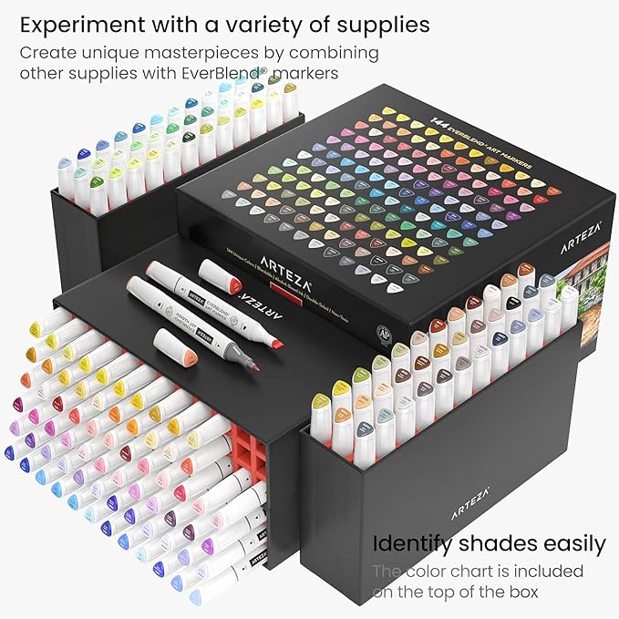 ARTEZA Alcohol Markers – Set of 144 EverBlend Dual Tip Markers with Fine and Chisel Nibs, Organizer Box for Drawing, Coloring and Illustration