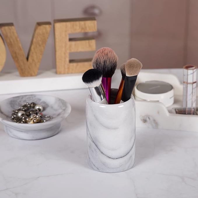 Creative Home Solid Natural Marble Pen Holder – Heavyweight Pencil Cup Organizer for Desk, Vanity, or Bathroom, 3.3" Diameter x 4.5" Height, Off-White with Unique Stone Patterns