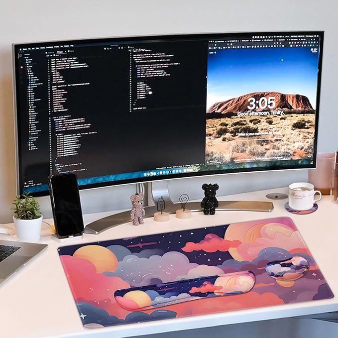 Large Mouse Pad Set, Cute Extended Mouse Pad+Keyboard Wrist Rest Support Desk Pad Memory Foam Ergonomic Easy Typing, 35.4×15.7 in Desk Mat Set for Home Office Study Game - Cloud