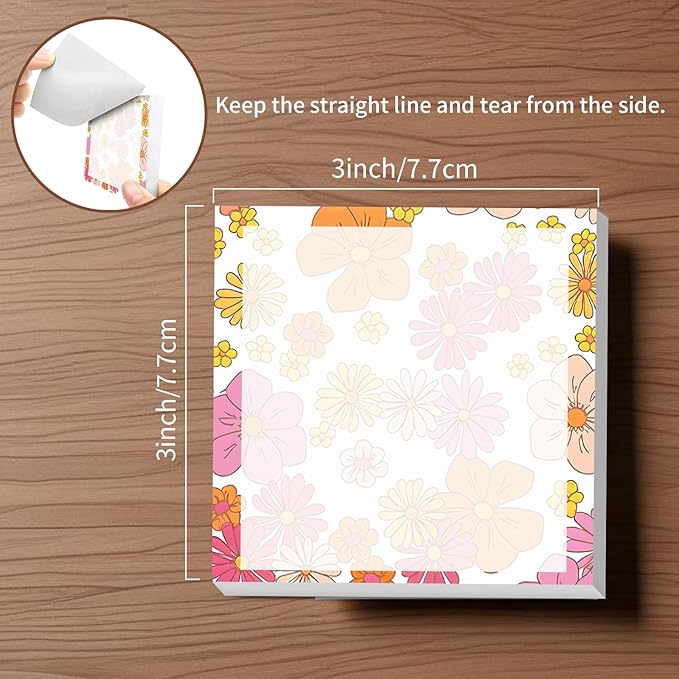 Sticky Notes, 2 Pads, 3x3 inches, Cute Colorful Fun Self-Stick Note Pads, Easy Post, Strong Adhesive Notepad Pink Orange Flowers