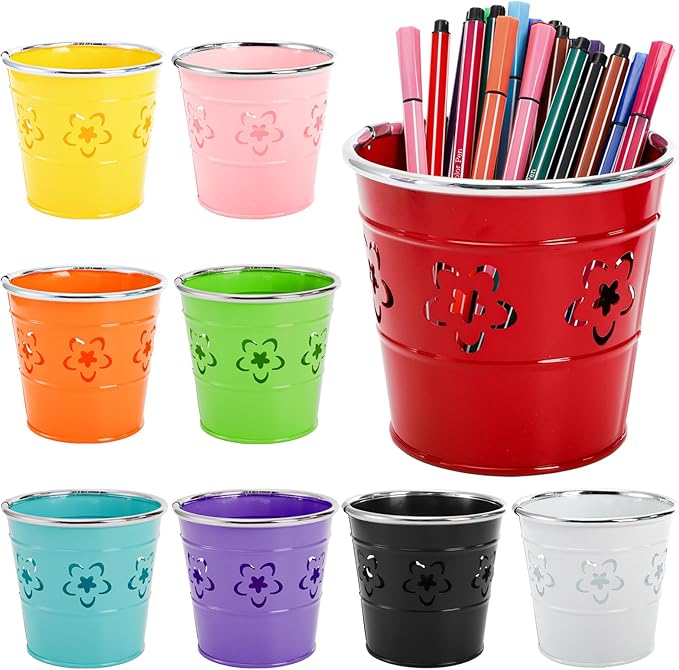 9 Pack Metal Pen Holder Cup, Desktop Pencil Bucket with Flower Pattern, Mini Makeup Brush Storage Organizer, Colorful Stationary Supplies Container for Office Classroom School Crafts(9 Color)