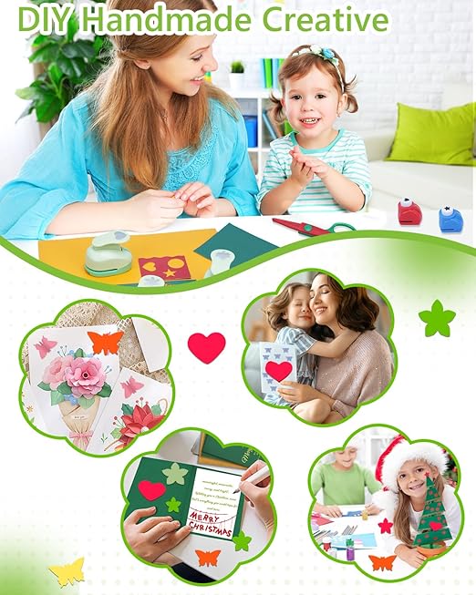 UCEC Paper Punches for Crafting, 3 Pcs Craft Scissors Decorative Edge, 6 Pcs 1 Inch Paper Puncher, 4 Pcs 3/8 inch Hole Punch, Circle Heart Star Shapes Puncher Scissors Sets