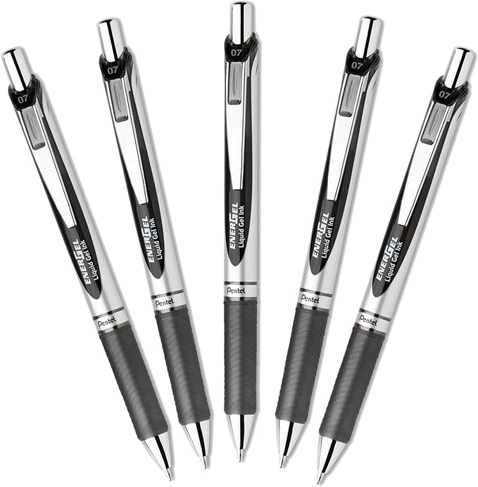 Pentel EnerGel Deluxe RTX Retractable 0.7mm Medium Line Metal Tip Liquid Gel Pen , Black Ink, 1 Set, 5 pens per set