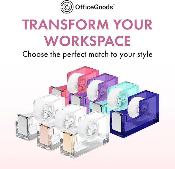 OfficeGoods Acrylic Tape Dispenser – Modern Desk Organizer for Office Supplies – Heavy Duty Refillable Tape Holder for Home and School Crafting – Stylish Desktop Accessory for Gift Wrapping, Pink