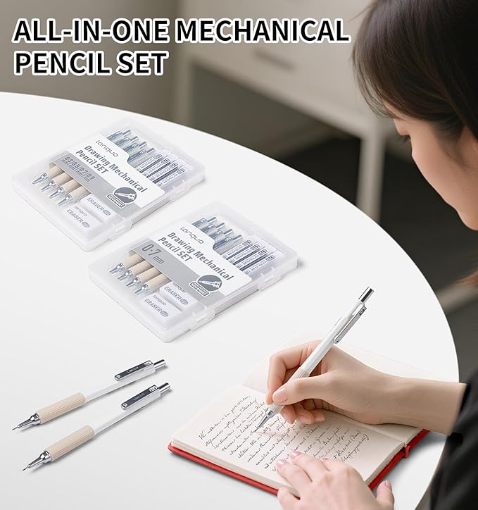 Mechanical Pencil Set with Case, 4PCS 0.7mm Art Mechanical Pencils + 40PCS HB Lead Refills + 40PCS 2B Lead Refills + 3PCS Erasers+ 1PCS Case, Drawing Mechanical Pencils for Writing, Sketching