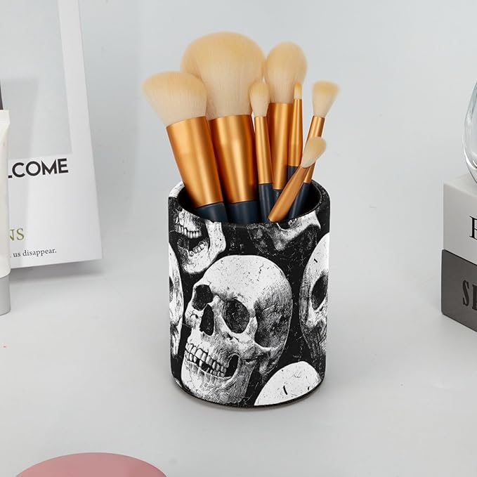 Leather Pen Holder for Desk Skull Pencil Cup Desktop Organizer Makeup Brush Holders Office Supplies for Home, Kids & School