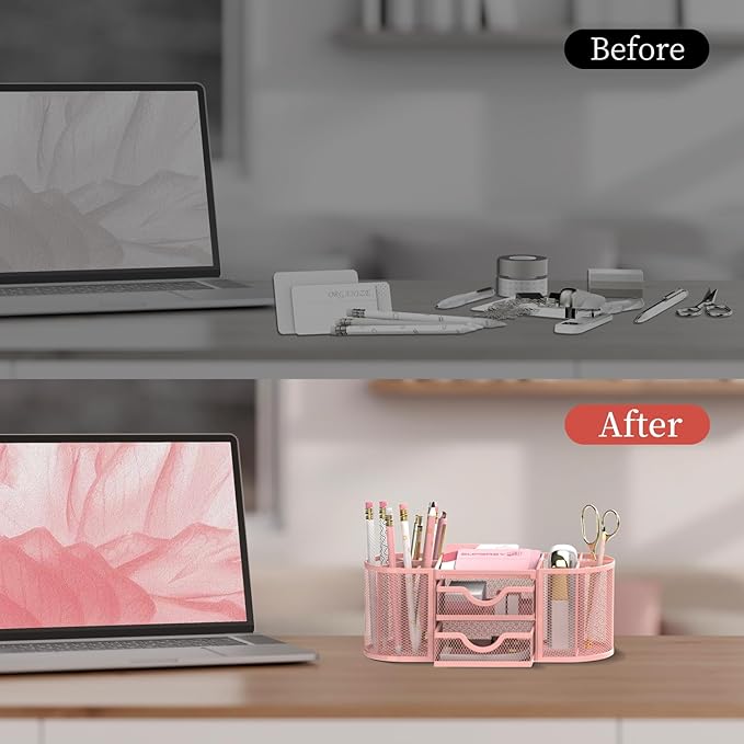 SUPEASY Mesh Desk Organizer, Desk Organizers and Accessories, Pen Holder with Drawers, Pencil Holder for Desk with 2 Drawer for Office Supplies, Pink