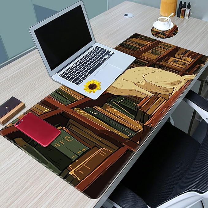 Desk Mat Large Gaming Mouse Pad (31.5x11.8 inch) with Stitched Edges, XL Mouse Pad +Coaster, Extended Mouse Mat Keybroad Mousepad Non-Slip Rubber for Gamer Men Women, White Cat Library