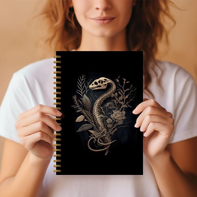 Snake Skull Spiral Journal Notebook - Goth Golden Snake Head Skeleton Notebook 5.5×8.3, Snake Gifts Spiral Notebook Journal with 164 Pages, Punk Dark Witchy Gifts