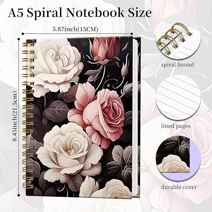 Spiral Notebook Journal for Women Men, A5 Hardcover Journal, 120 Pages Thick Paper, College Ruled Writing Notebook for School, Work & Office 8.3'' × 5.9''(Vintage Rose Floral)