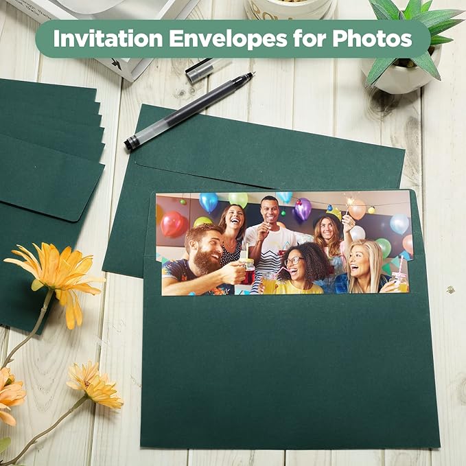 Harloon 100 Pcs A9 Envelopes 5.75 x 8.75 Inch Self Adhesive Wedding Invitation Envelopes Paper Greeting Card Envelopes for Photos Documents Letters Announcements Baby Shower Office (Dark Green)